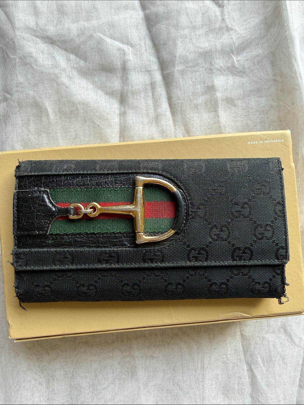 Gucci vintage Sherri line Black GG Canvas Wallet with Gold horsebit